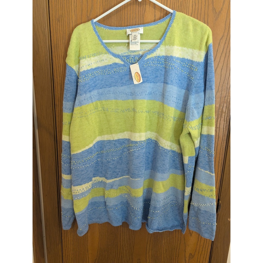 NWT Talbots Striped Knit Sweater Blue Green Ramie Cotton Textured Woman's 3X